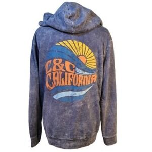C&C California Blue Acid Wash‎ Henley Graphic Hoodie Sweatshirt Large